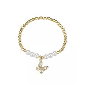 Simulated Imitation Pearl and Cubic Zirconia Butterfly Charm Stretch Bracelet
